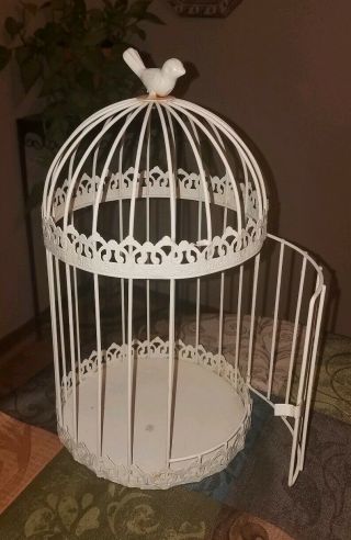 Charming Vtg Antique White Metal Bird Cage Shabby Cottage Chic French W/door
