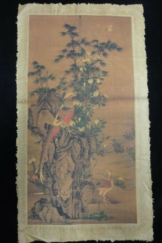 Rare Old Large Chinese Paper Painting Flowers And Birds Mark