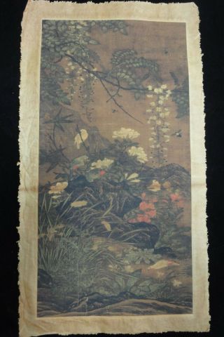 Rare Old Large Chinese Paper Painting Flowers And Birds