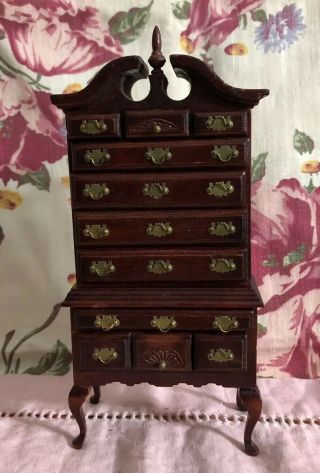 Vtg Miniature Doll House Tall Chest /drawers Walnut Carved Finely Crafted