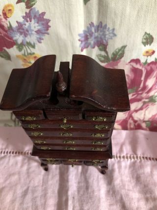 Vtg Miniature Doll House Tall Chest /Drawers Walnut Carved Finely Crafted 2
