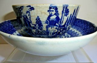 Antique C18th Pearlware Early Blue White Transfer Print Old Tea Bowl Saucer A/f