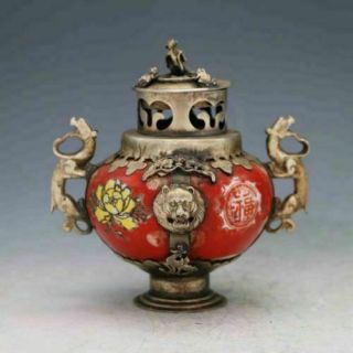 Fine China Antique Porcelain Inlaid Silver Copper&Monkey Lid Incense Burner 2