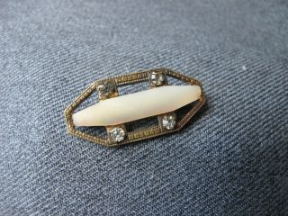 Antique Secessionist Mother Of Pearl Clear Rhinestones Filigree Golden Metal Pin