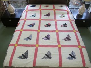Vintage Feed Sack Hand Sewn Applique Butterfly Quilt Top; 77 " Sq; Prints