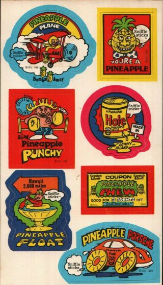 Rare Scratch & Sniff Vintage Stickers Sheet Gordy Sniffle Sticks Pineapple