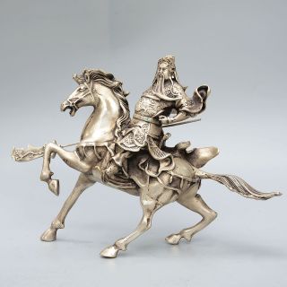 Collectable China Handwork Miao Silver Carve Guan Yu Riding Horse Unique Statue