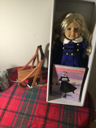 Rare American Girl Caroline Abbott With Book; Sled And Husky Dog Accessories