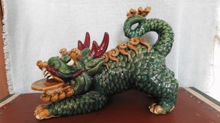 Chinese Foo Dog Dragons (kylin) Pottery Fire Glazed Green Red - Brown Blue Heavy