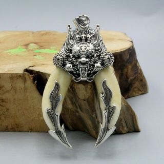 Collectable China Tibet Silver Hand - Carved Dragon Head Exorcist Amulet Pendant