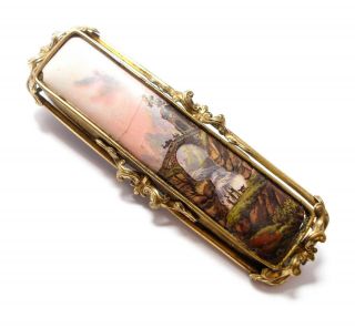 Large Antique Victorian Hand - Painted Enamel Brooch Af