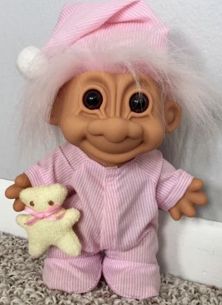 Vintage Russ Pink With Pink Hair Baby Girl Troll Doll With Teddy Bear 9”
