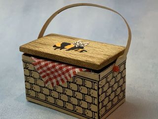 Vintage Miniature Dollhouse Artisan The Bee Box Picnic Basket Filled Utensils
