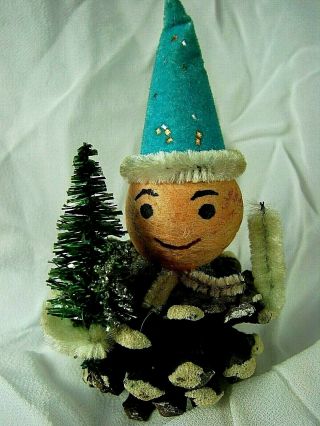 Antique Pinecone Elf W Glittered Cone Hat & Sisal Tree - 1930s - 40s Japan -