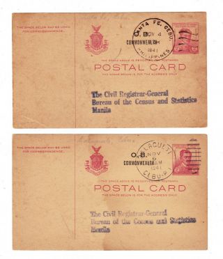 1941 Philippine Postal Card Cancelled Dalaguete & Santa Fe Cebu - Rare