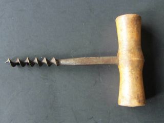 Antique Vintage Corkscrew With Turned Wood Handle Cork Puller Tool