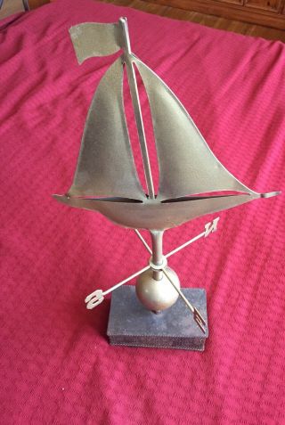 Antique Copper Sailboat Weathervane Has Been Painted At Some Point.  On Pedestal.