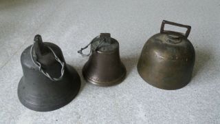 3 X Antique Small Cast Iron & Brass Hand Bells 3 Inches Tall