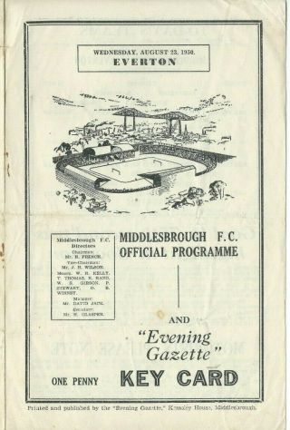Rare Middlesbrough V Everton Prog Wednesday 23/8/50 Div 1 1950/51