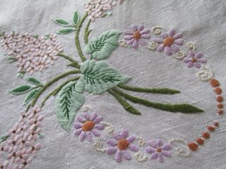 Vintage Hand Embroidered Linen Tablecloth - Lilac Blossom & Floral 