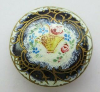 Very Pretty Antique Vtg Champleve Enamel Button W/ Basket Of Flowers 1 " (p)