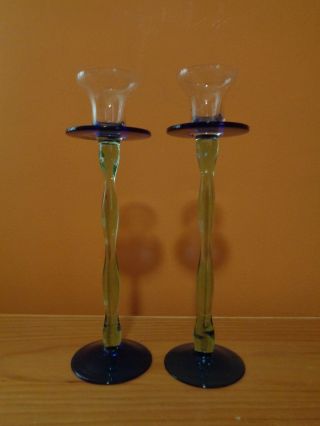 Blue,  Green And Clear Hand Blown Glass Candle Holders Set Of 2 9.  5 " H
