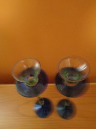 Blue,  Green and Clear Hand Blown Glass Candle Holders Set of 2 9.  5 