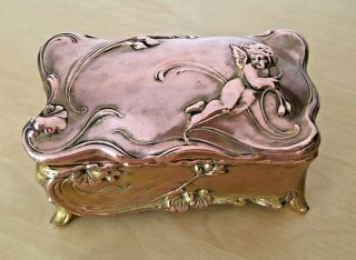 Antique W.  B.  Mfg Co Gilt Gilded Angel Cherub Nouveau Jewelry Trinket Casket Box