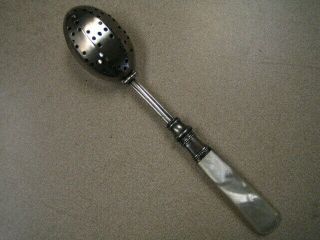 Antique Sterling Silver Hinged Tea Strainer Spoon With Mother Of Pearl Handle