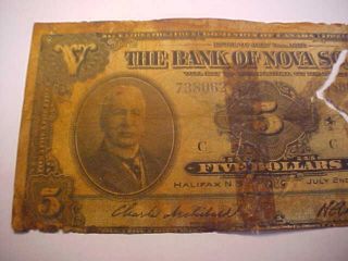 1918 BANK OF NOVA SCOTIA DOMINION OF CANADA RARE $5 NOTE TORN FAIR / POOR 2