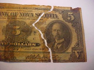 1918 BANK OF NOVA SCOTIA DOMINION OF CANADA RARE $5 NOTE TORN FAIR / POOR 3