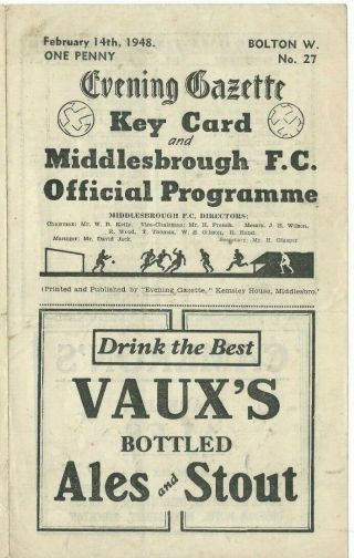 Rare Middlesbrough V Bolton Wanderers Prog 14/2/48 Div 1 1947/48