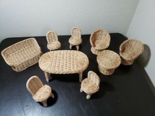 Vintage Set Of Barbie Doll Sized Wicker Furniture Table Chairs Loveseat