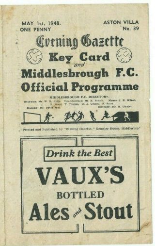 Rare Middlesbrough V Aston Villa Prog 1/5/48 Div 1 1947/48