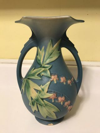 Rare Vintage Roseville Bleeding Heart Art Pottery Handles Vase 971 9” Blue
