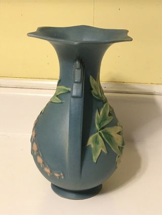 Rare Vintage Roseville Bleeding Heart Art Pottery Handles Vase 971 9” Blue 3
