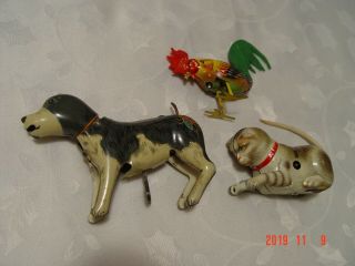 3 Antique U.  S.  Zone Germany & Japan Tin Litho Windup Animals - Dog,  Cat,  Rooster
