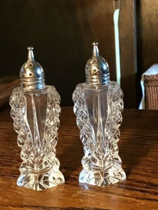 Antique Brilliant Cut Crystal Sterling Silver Salt Pepper Shakers Estate Quality