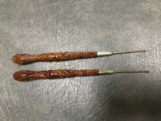 2 Antique Hand Carved Wood Handle Sewing Crochet Hooks 7 " Long