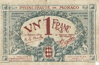 Monaco P3 1 Franc 1920 Pick 3 Circulated Series C - Rare Last Ever Issue