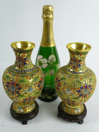 Fine Pair Chinese Gold Ground Cloisonne Champleve Vase With Lotus Flower C1960s