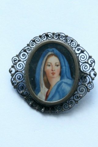 Antique 800 Silver Filigree Hand Painted Portrait Cameo Brooch Pin And Pendant