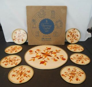 Rare Vintage Autumn Leaf 9 Piece Coaster Trivet Jewel Tea Hall China Orignal Box