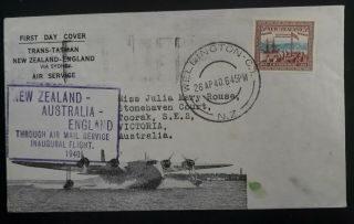 Rare 1940 Zealand 1st Flight Australia To Nz Cover Ties 5d Stamp Wellington
