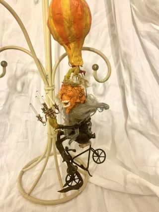 Primitive Handsculpted Punkin Man On Bicycle Hot Air Balloon & Candelabra 10”