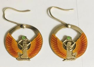 Art Deco 925 Sterling Silver Guilloche Enamel Cleopatra Egyptian Earrings Rare