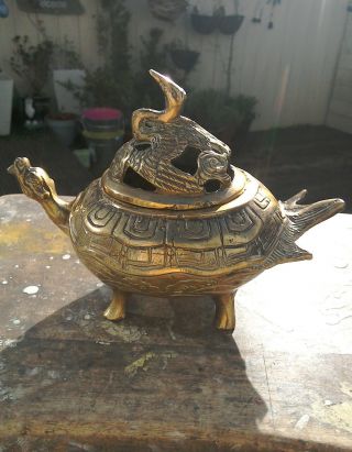 Antique Chinese Bronze Censer In The Shape Of A Turtle And Swan Lid