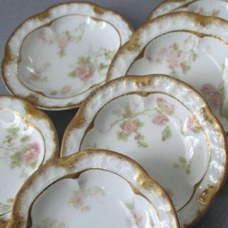 6 Antique Haviland Porcelain Butter Pats Tendrils Of Pink Roses Double Gold Trim