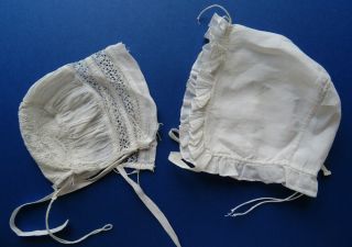A Victorian Baby Bonnet Or Cap With Point Lace Insert & A Linen Baby Cap