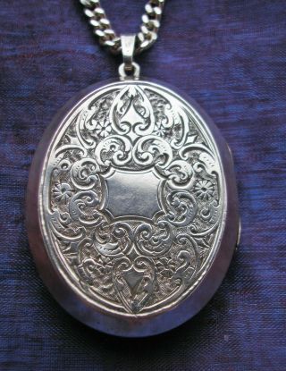 Fine Large Antique Victorian Sterling Silver Engraved Locket & 18  Silver Chain